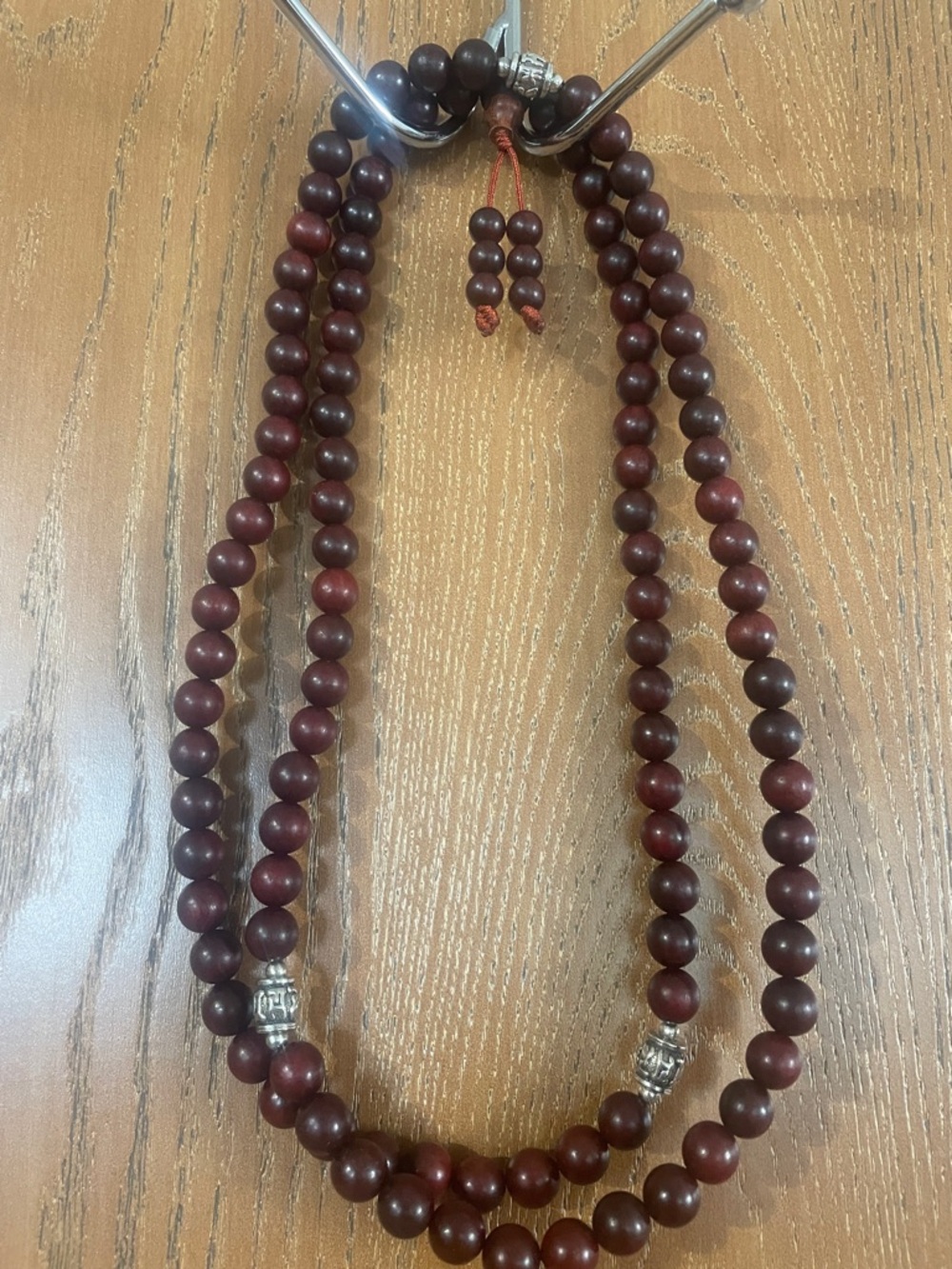 Beaded Brown Wooden Necklace with Silver Accents - full length 22in